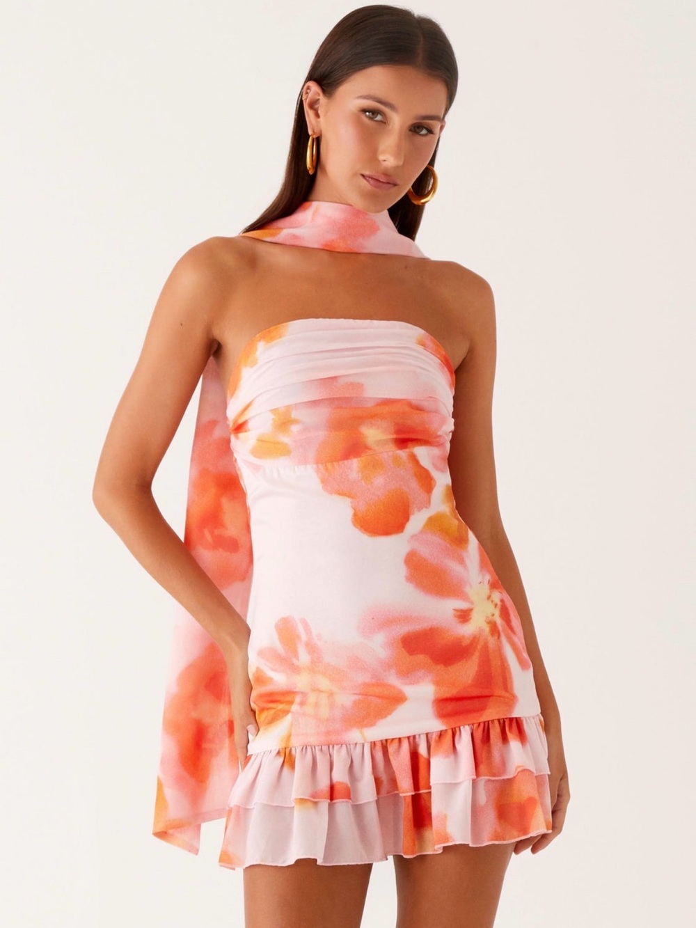 NWT Peppermayo Pink Orange Floral Strapless Mini Dress Ruffle Neck Scarf Size 4